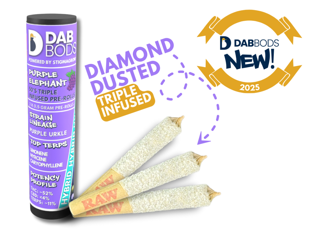 Discover the ultimate cannabis experience with Dab Bods Purple Elephant 50’s+ Triple Infused Pre-Rolls. These meticulously crafted 0.5g pre-rolls feature a tantalizing strain that captivates your palate with a rich grape taste. Infused with premium resin, distillate and botanical terpenes, then generously coated in diamonds for an extra kick. Each pre-roll delivers an exceptional potency of 50+, ensuring a powerful and flavorful session. Packaged in a convenient 3-pack, they are perfect for sharing with friends or savoring solo. Experience the delightful fusion of flavor and strength with Dab Bods Purple Elephant—your go-to choice for elevated moments!