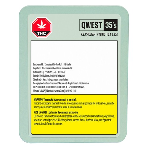 P.S. Cheetah Pre-Rolls by Qwest 35’s – Hybrid cannabis 10-pack made with whole flower, THC 26–32%