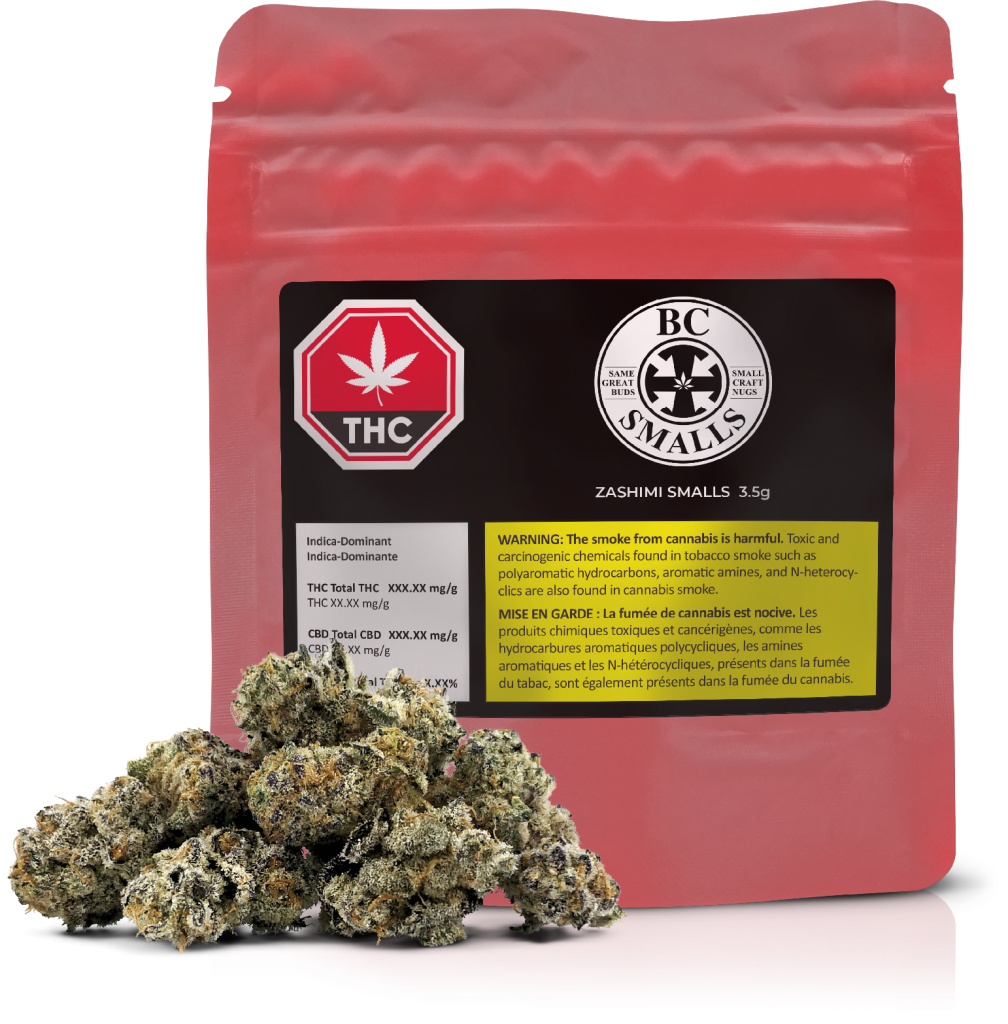 Zashimi Smalls 3.5 g by BC Smalls – high-THC indica-leaning craft cannabis flower in mylar bag packaging, featuring smaller dense buds and tropical candy aroma.