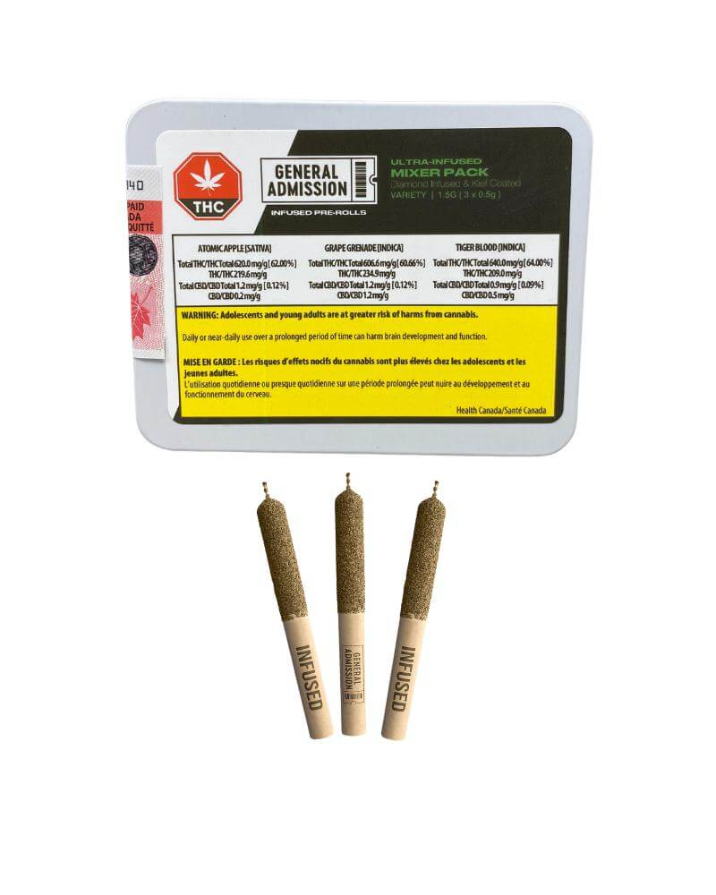 Pack of General Admission 60+ Super Potent Infused Pre-Rolls in colorful packaging