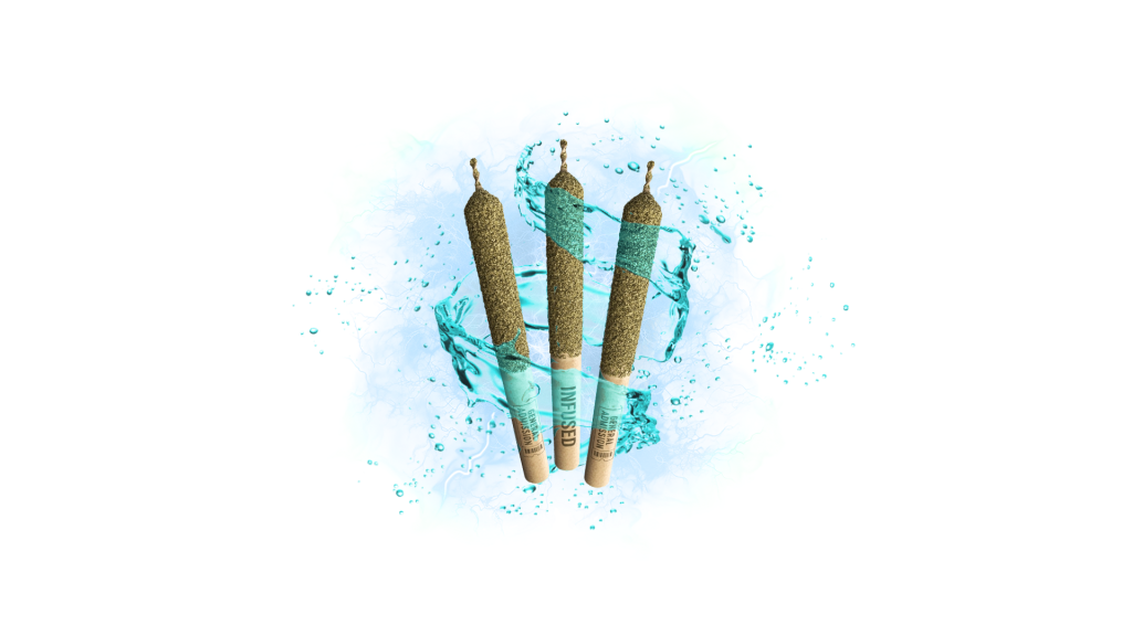 Close-up of General Admission 60+ Super Potent Infused Pre-Roll showing frosty, sticky cannabis inside rolling paper