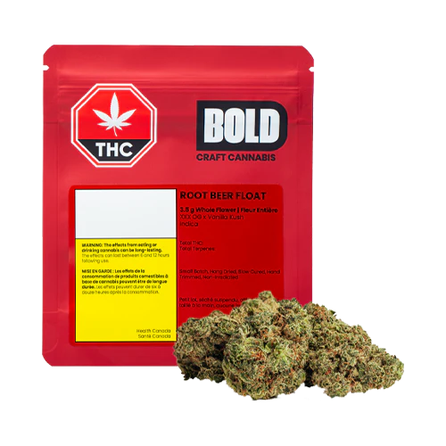 Close-up of Root Beer Float cannabis buds by BOLD with frosty trichomes