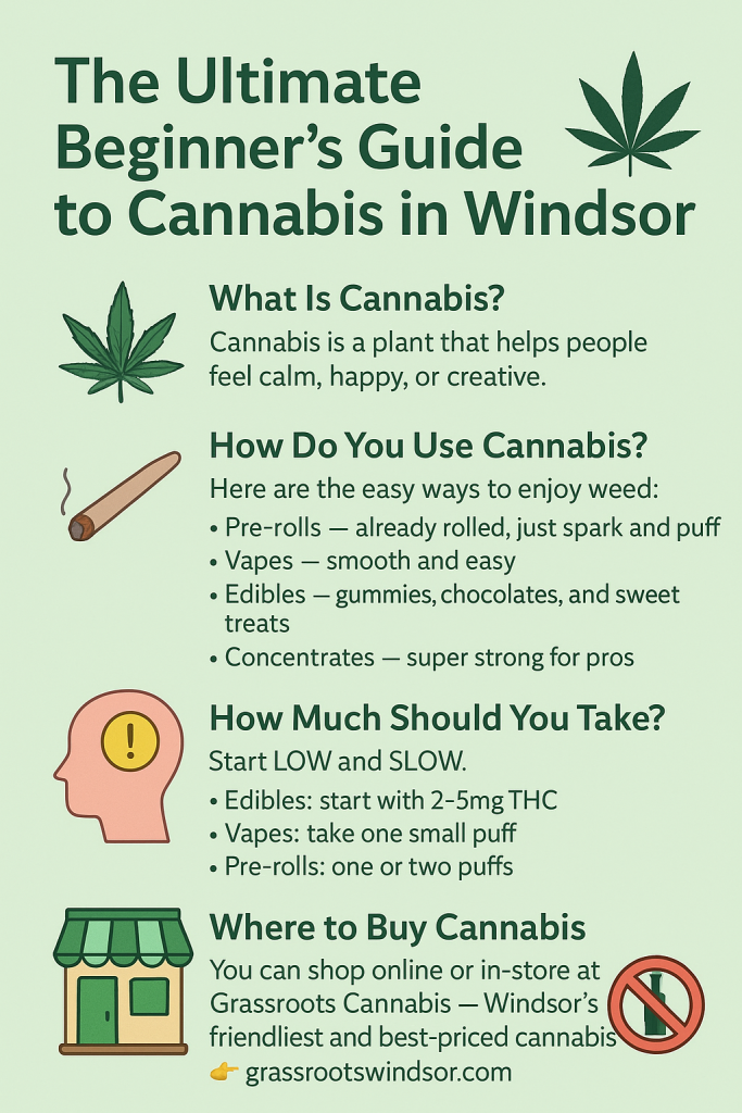 “Infographic titled ‘The Ultimate Beginner’s Guide to Cannabis in Windsor’ showing simple illustrations of a cannabis leaf, pre-roll, safety icons, and a storefront, with easy tips on what cannabis is, how to use it, dosage, and where to buy in Windsor.”