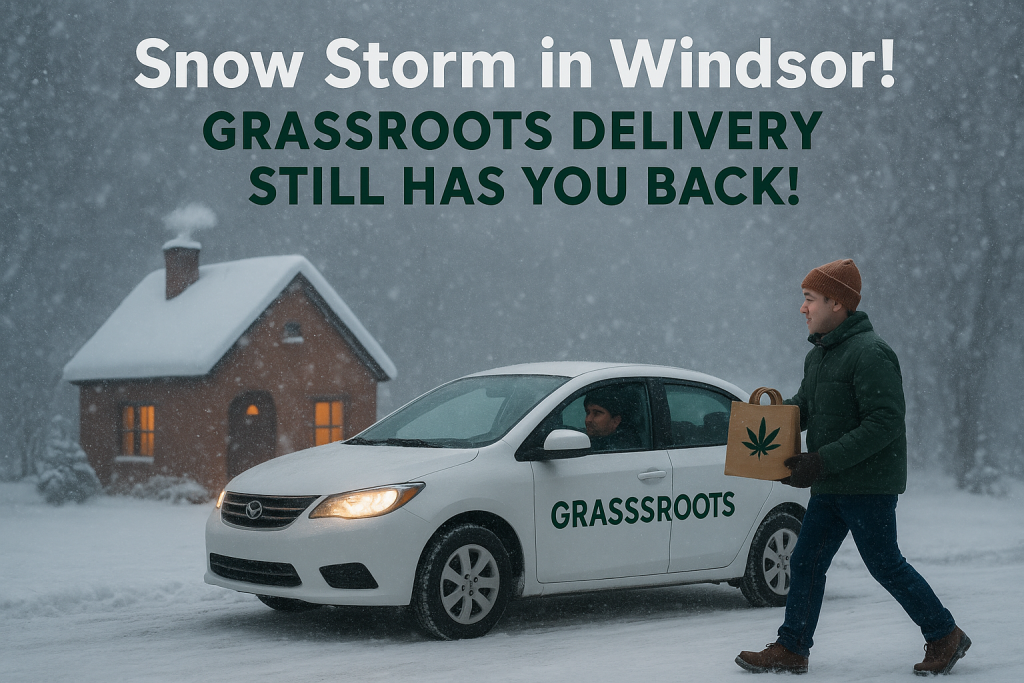 Snow storm in Windsor with a warm home and Grassroots delivery car bringing cannabis products to the door.