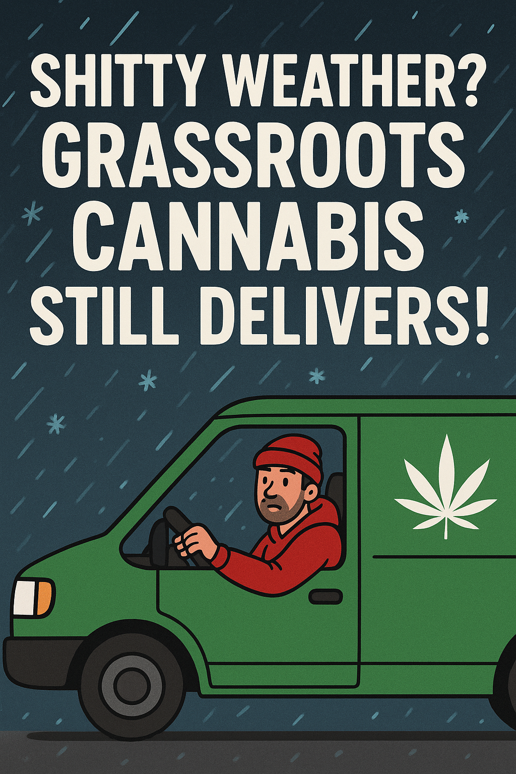 Grassroots Cannabis delivery driver in a green van delivering weed during stormy weather with snow and rain