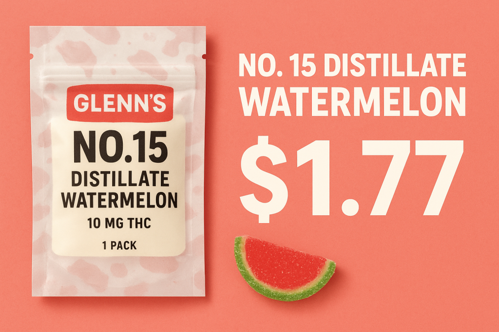 Glenn’s No. 15 Distillate Watermelon edible pack with a watermelon gummy slice and $1.77 price displayed on a pink background