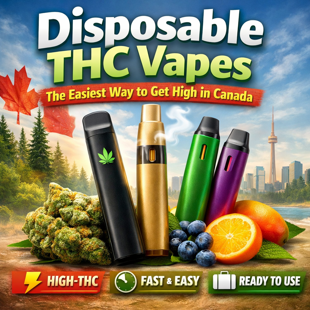 Disposable THC vapes in Canada showing high-THC weed vape pens with cannabis flower and fruit flavours
