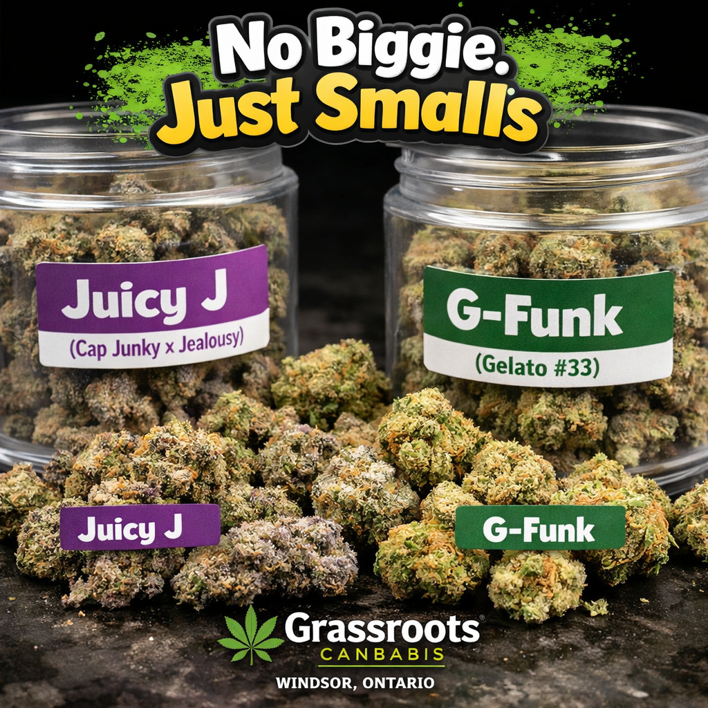 No Biggie, Just Smalls 28g dried cannabis flower mix including Juicy J and G-Funk at Grassroots Cannabis, Windsor