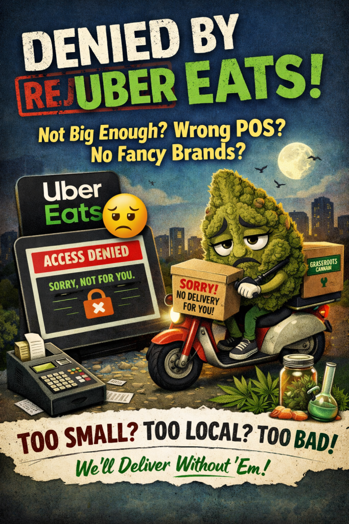 Cartoon cannabis bud being denied by Uber Eats delivery, with an ‘Access Denied’ screen and a Grassroots Cannabis delivery box, representing local cannabis store rejection by big delivery platforms in Windsor, Ontario