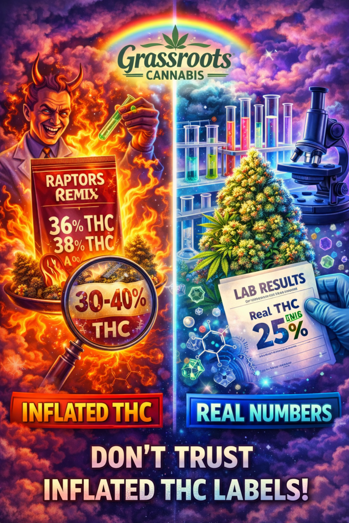 Comparison of cannabis buds showing inflated THC labels versus real lab-tested THC numbers with terpene highlights, Grassroots Cannabis