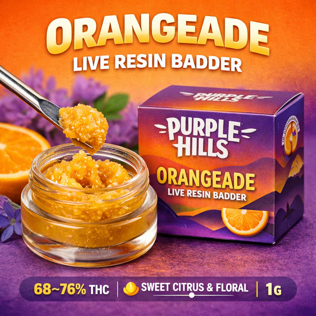 Orangeade Live Resin Badder by Purple Hills cannabis concentrate with creamy badder texture and citrus terpene profile.

