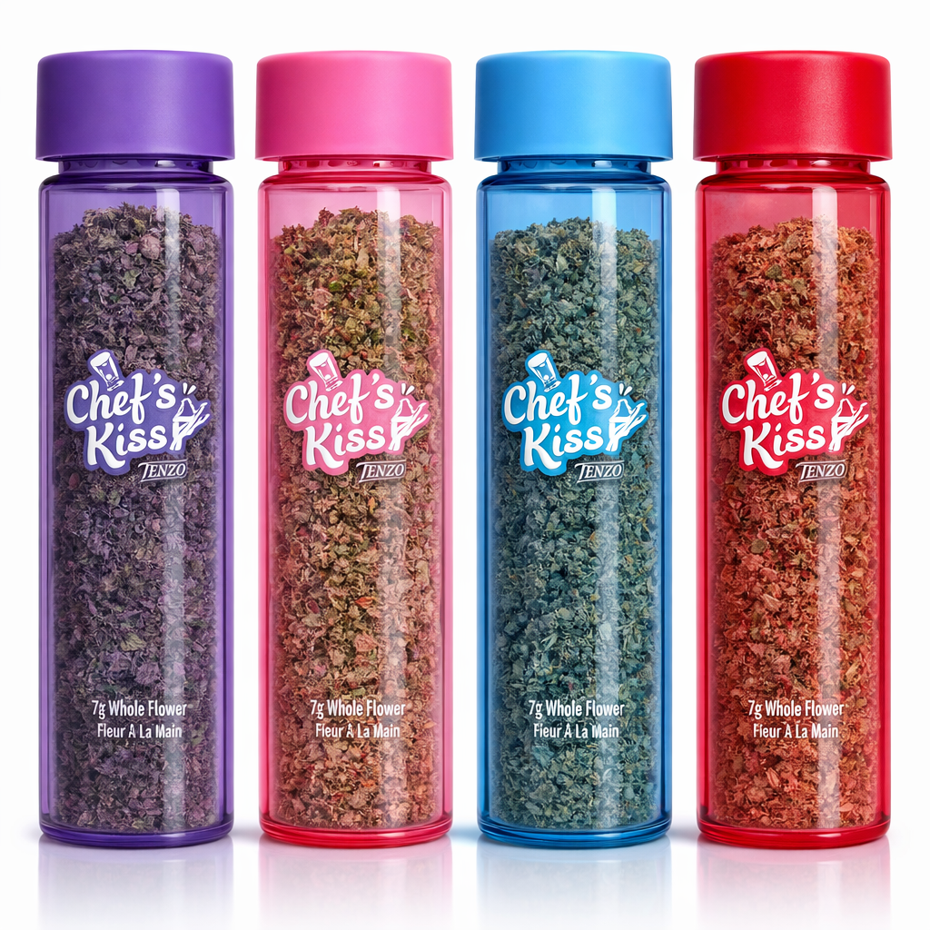Chef’s Kiss Tenzo milled flower jars with craft cannabis blend