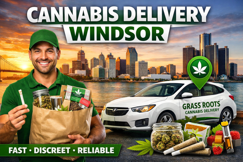 Cannabis delivery Windsor with Grass Roots dispensary driver and products in downtown Windsor skylin8e