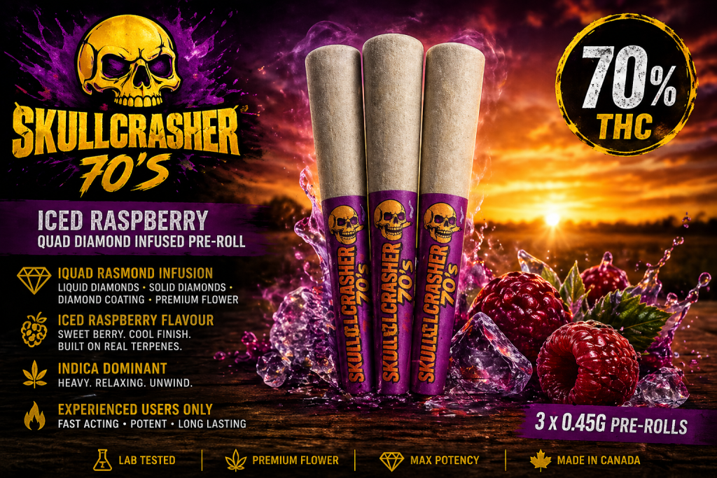 Skullcrusher 70’s Iced Raspberry Quad Diamond infused pre-rolls displayed upright on a rustic wooden surface at sunset, featuring purple branded filters with skull logos, surrounded by ice cubes and fresh raspberries, with bold promotional text highlighting 70% THC, indica dominance, and premium multi-diamond infusion.