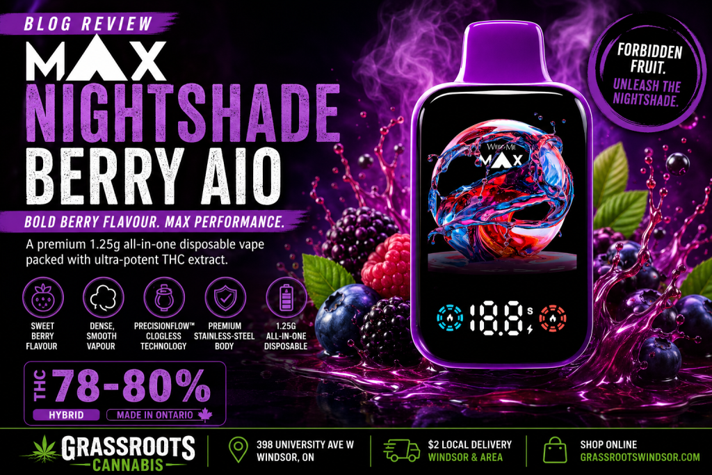 The MAX Nightshade Berry AIO is a premium 1.25g disposable cannabis vape featuring sweet berry flavour, ultra-potent THC extract (78–80%), and PrecisionFlow™ clog-resistant technology. Available at Grassroots Cannabis in Windsor, Ontario, this all-in-one vape combines smooth ceramic heating with a durable stainless-steel body for a consistently satisfying experience.
