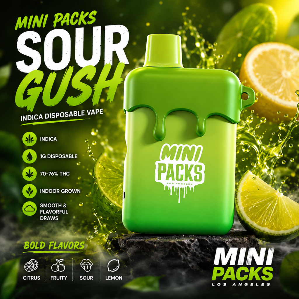 Discover PACKS Mini Packs Sour Gush, a 1g indica disposable vape with bold citrus and sour flavour. Available now at Grassroots Cannabis Windsor.