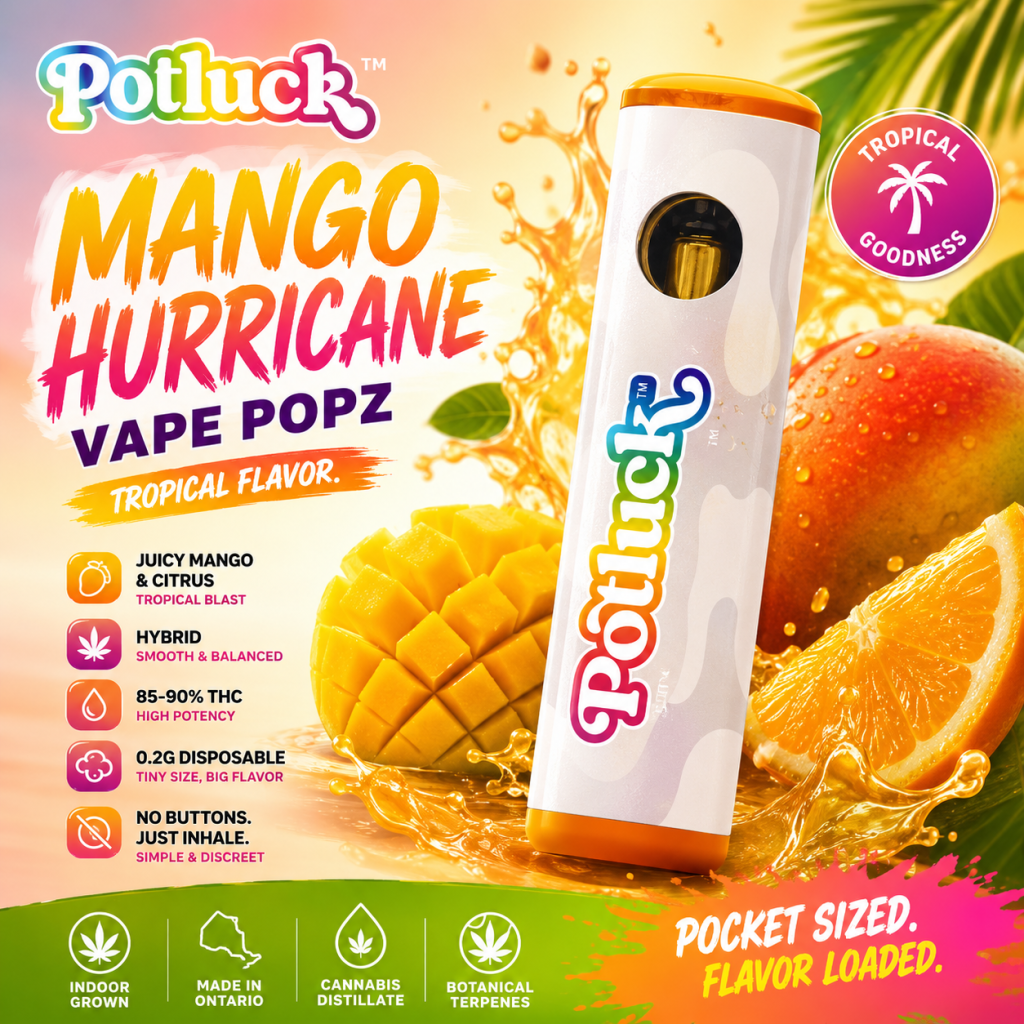 Enjoy tropical mango and citrus flavour with the Potluck Mango Hurricane Vape Popz 0.2g Hybrid disposable vape, available now at Grassroots Cannabis in Windsor.