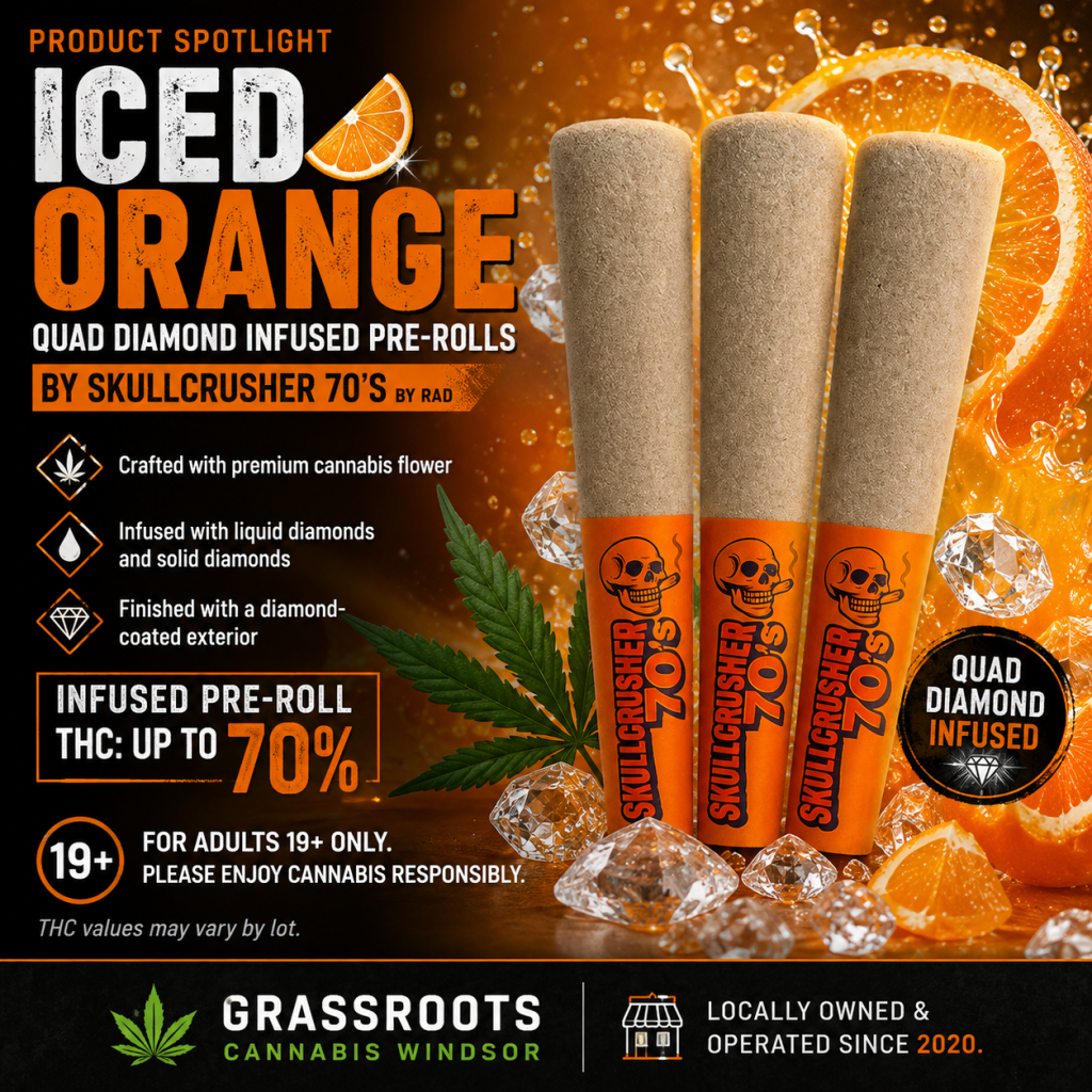 Iced Orange Quad Diamond Infused Pre-Rolls by Skullcrusher 70’s by RAD, featuring three orange-branded infused pre-rolls with orange slices and diamond imagery.